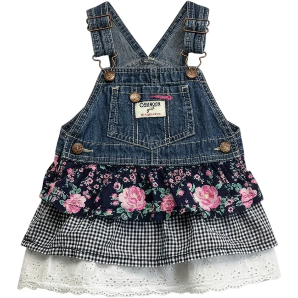 OshKosh B'gosh Jumper Dress Girl 18M Blue Floral Gingham Eyelet Ruffle Denim
